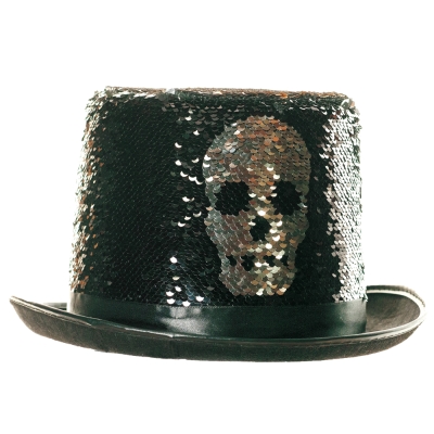 Reversible Silver Sequin Skull Top Hat - Adult